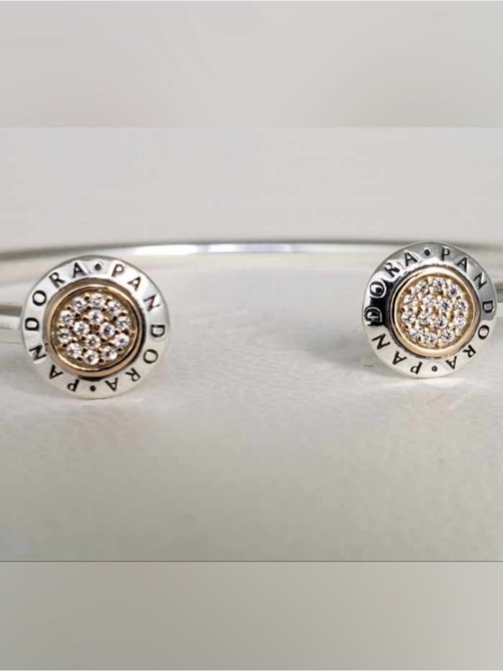 Pandora Two-Tone Silver and Gold Pave Open Cuff Bracelet